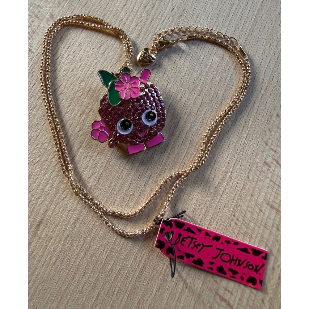 Betsey Johnson Pink Strawberry Necklace Brooch Rhinestone Enamel Flower Gold NWT